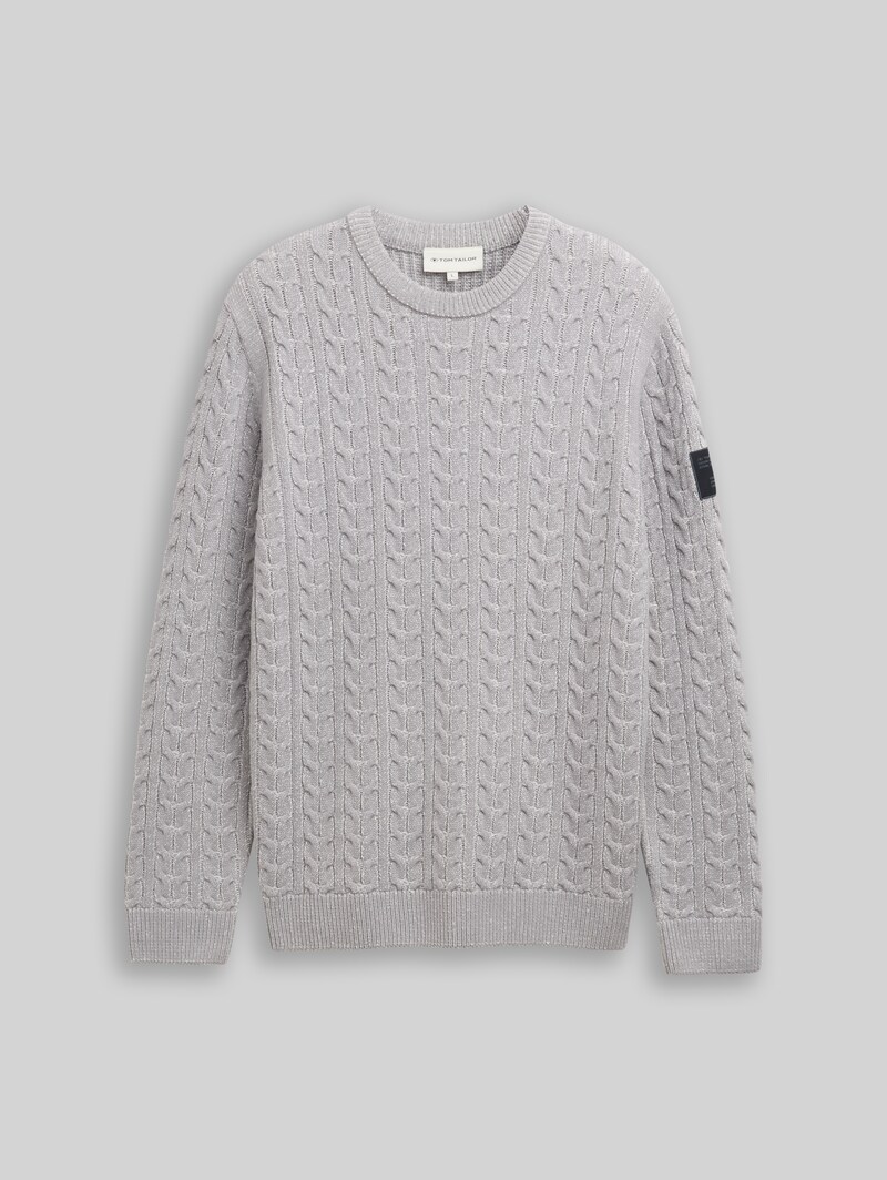 Tom Tailor Strickpullover mit Zopfmuster - Grey Offwhite Plated