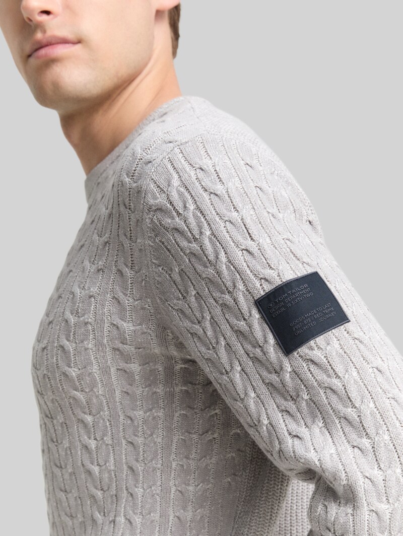 Tom Tailor Strickpullover mit Zopfmuster - Grey Offwhite Plated