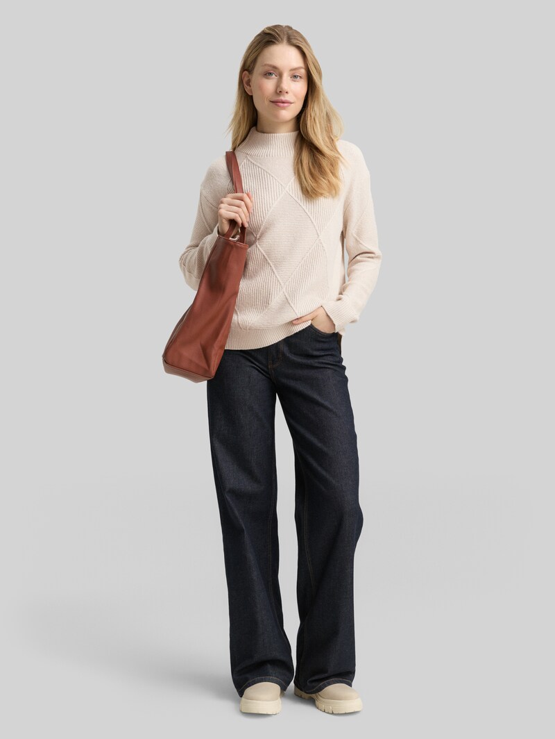 Tom Tailor Loose Fit Strickpullover mit Stehkragen - Sand Stone Beige