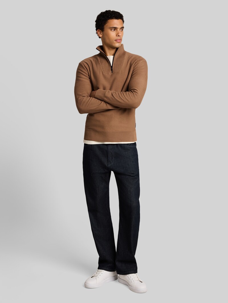 Tom Tailor Troyer Strickpullover aus Baumwolle - Malt Brown
