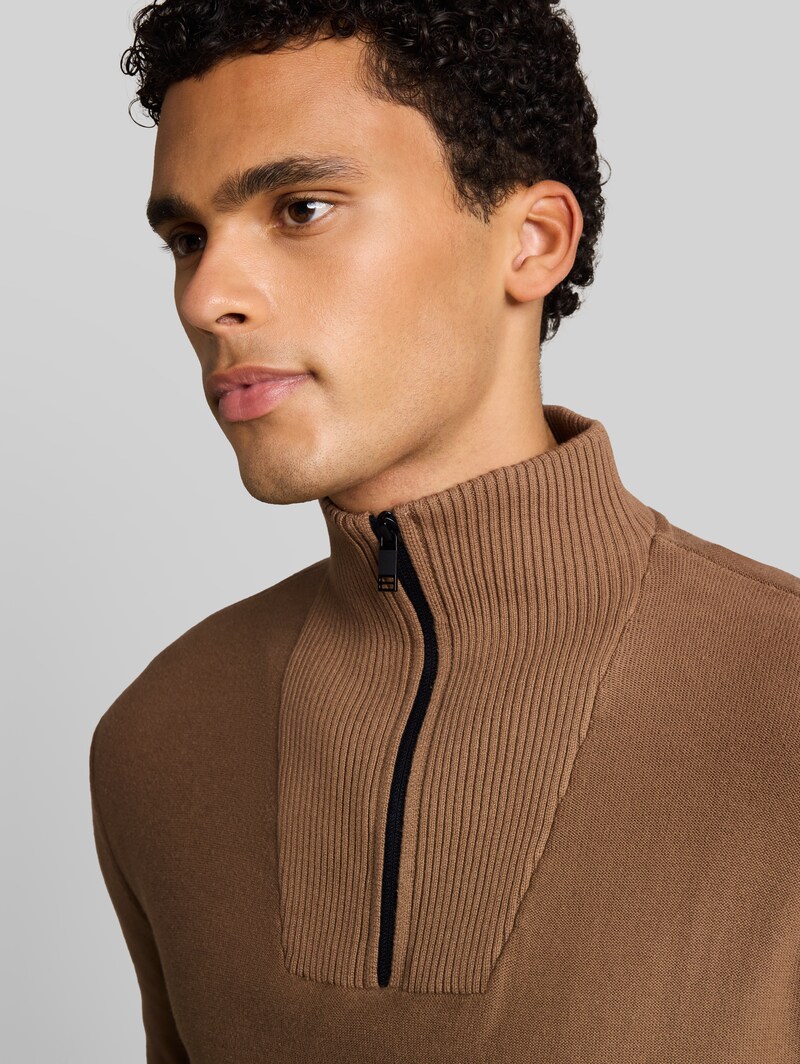 Tom Tailor Troyer Strickpullover aus Baumwolle - Malt Brown