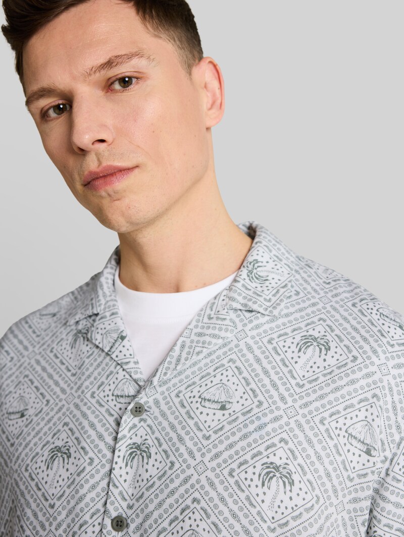 Tom Tailor Relaxed Fit Resort Hemd mit Leinenanteil - Green White Tropical Print