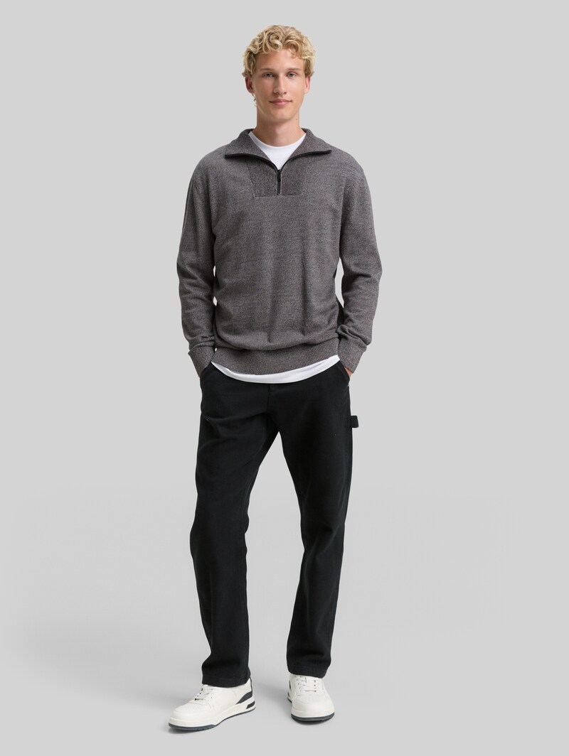 Tom Tailor Troyer Strickpullover aus Baumwolle - Black Grey Mouline