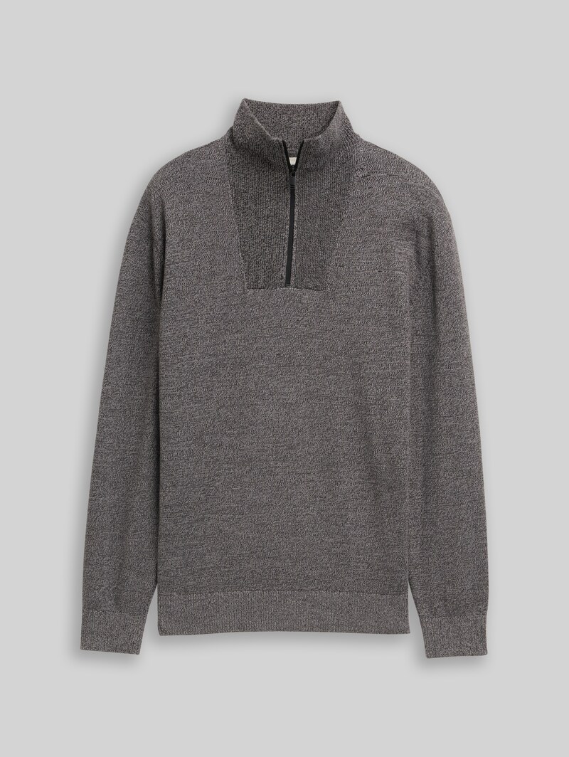 Tom Tailor Troyer Strickpullover aus Baumwolle - Black Grey Mouline