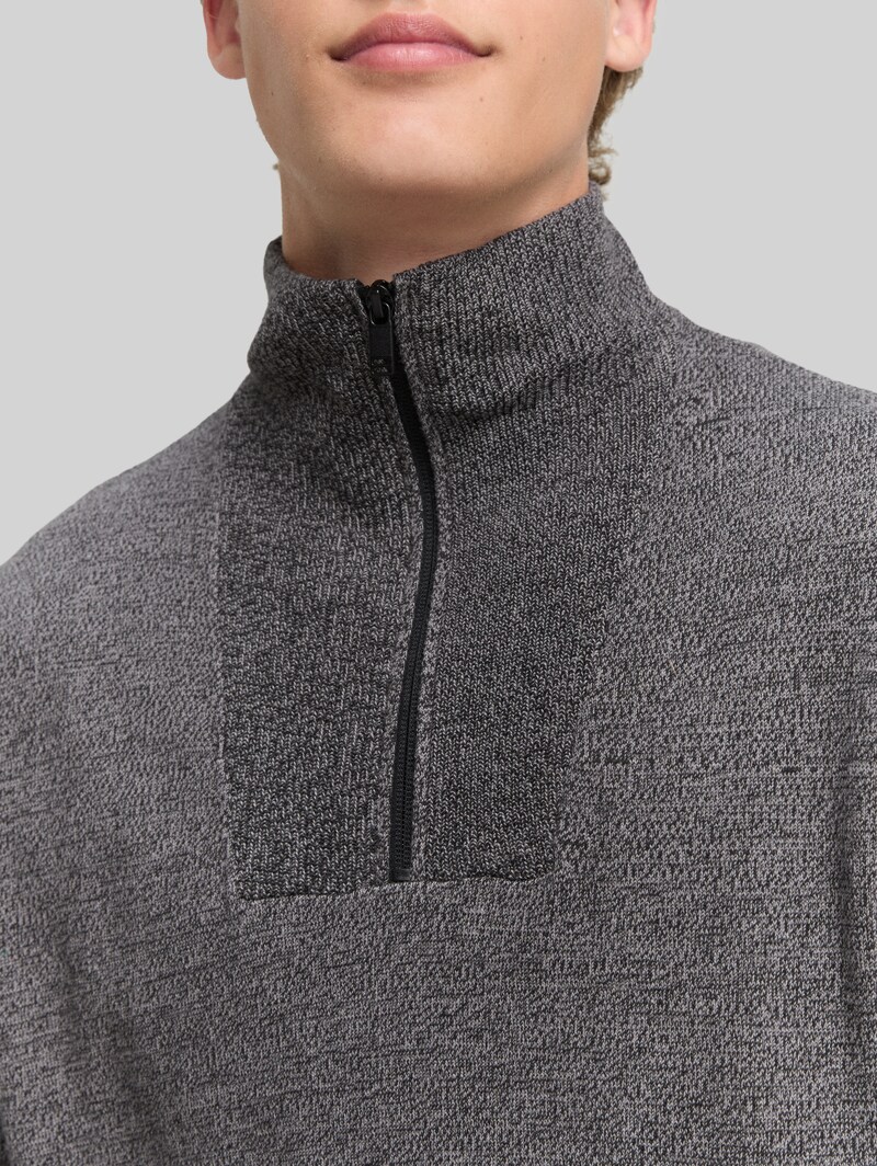 Tom Tailor Troyer Strickpullover aus Baumwolle - Black Grey Mouline