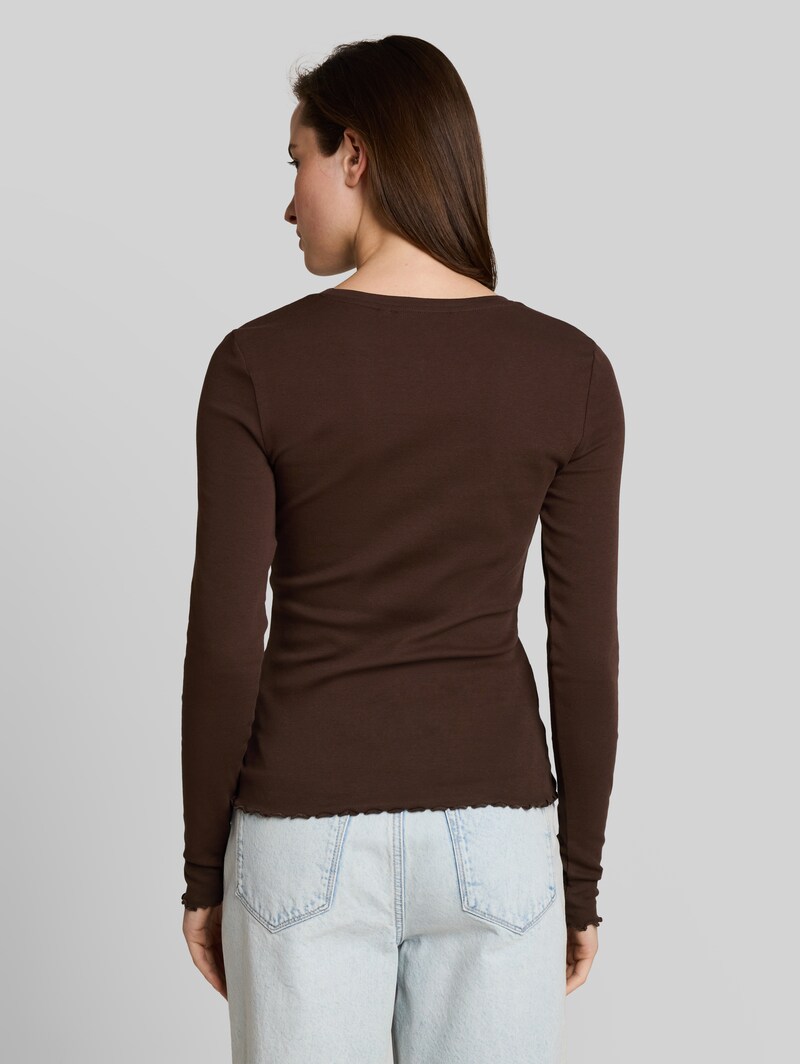 Tom Tailor Slim Fit Langarmshirt mit gewellten Saumkanten - Cool Dark Brown