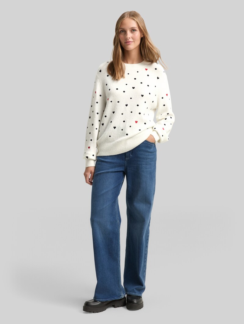 Tom Tailor Relaxed Fit Strickpullover mit Stickereien - White Black Dots And Hearts