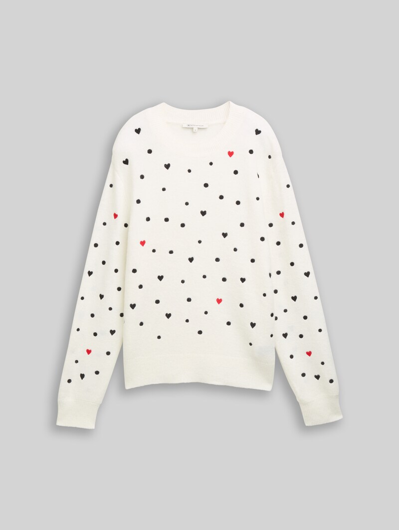 Tom Tailor Relaxed Fit Strickpullover mit Stickereien - White Black Dots And Hearts