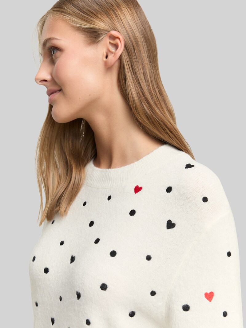 Tom Tailor Relaxed Fit Strickpullover mit Stickereien - White Black Dots And Hearts