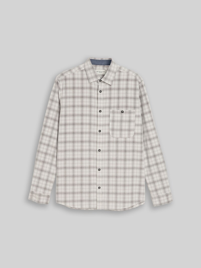 Tom Tailor Regular Fit Cordhemd mit Karomuster - White Based Taupe Check