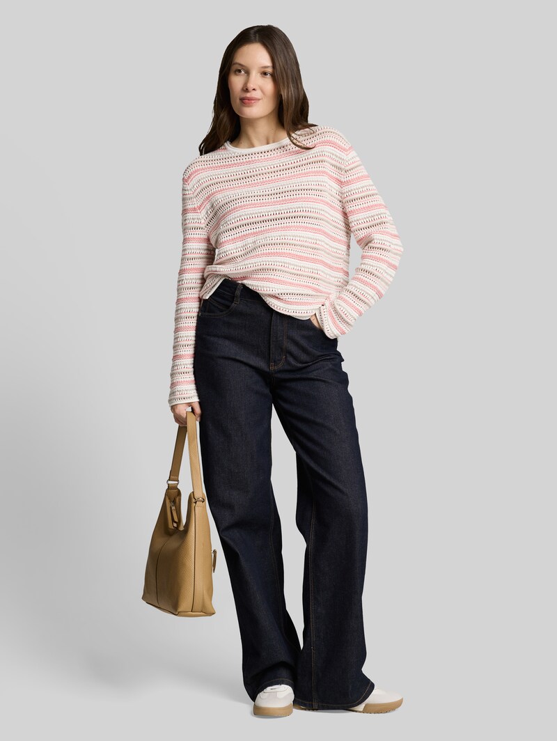 Tom Tailor Loose Fit Strickpullover mit Streifenmuster - Pink Beige Stripe