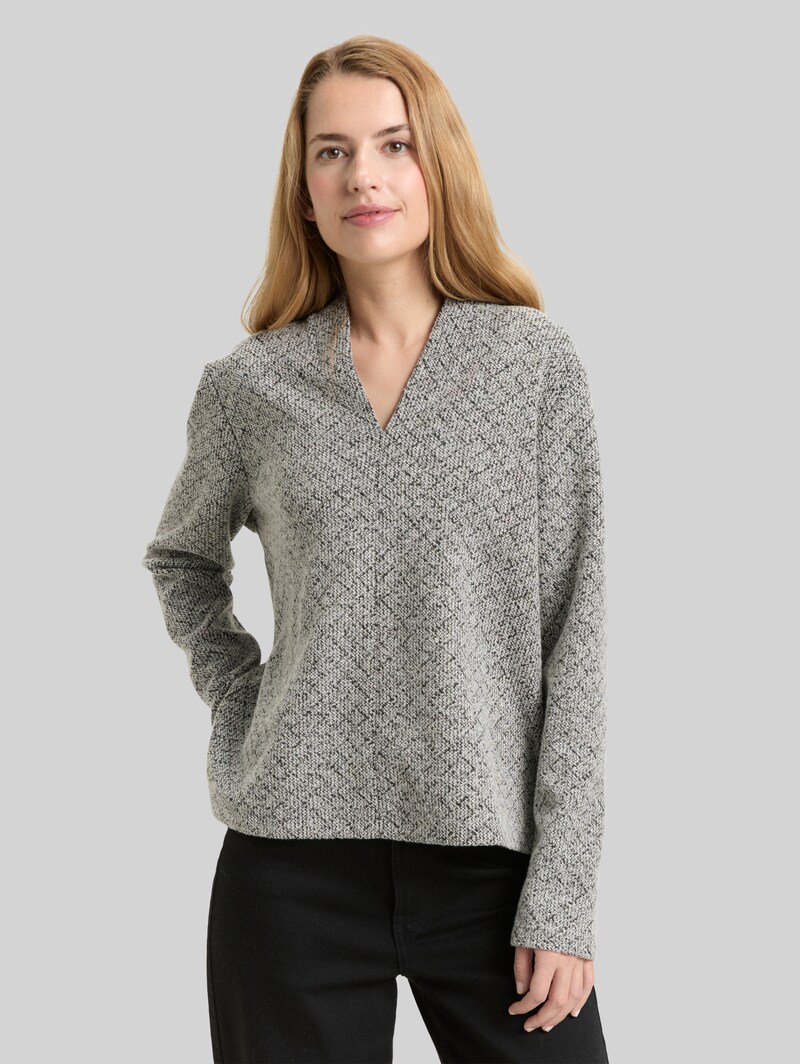 Tom Tailor Sweatshirt mit V-Ausschnitt - Black White Argyle Structure Tom Tailor Sweatshirt mit V-Ausschnitt - Black White Argyle Structure