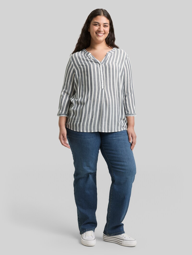 Tom Tailor Plus Size - Henleybluse mit Streifenmuster - Offwhite Navy Vertical Stripe