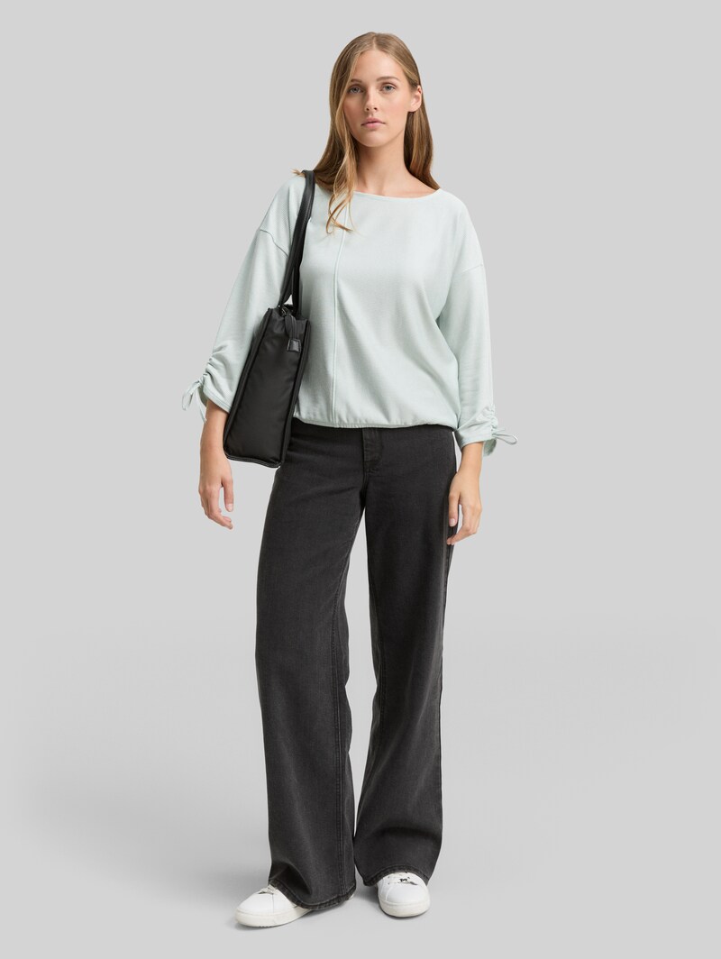 Tom Tailor Loose Fit Langarmshirt mit Raffärmeln - Small Mint White Stripe