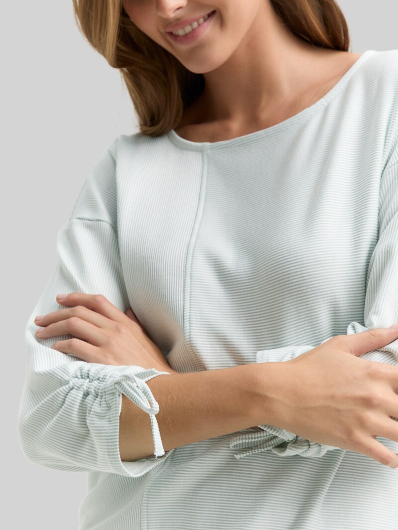 Tom Tailor Loose Fit Langarmshirt mit Raffärmeln - Small Mint White Stripe