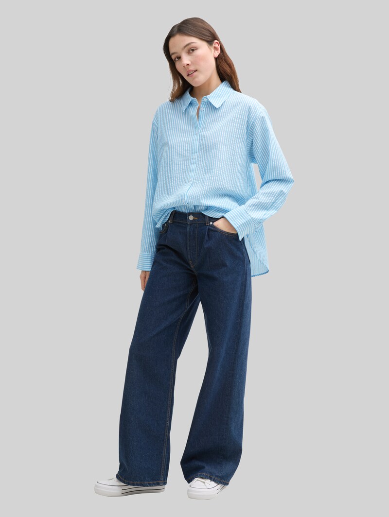 Tom Tailor Loose Fit Seersucker Hemdbluse mit Streifenmuster - Vertical Blue White Stripe