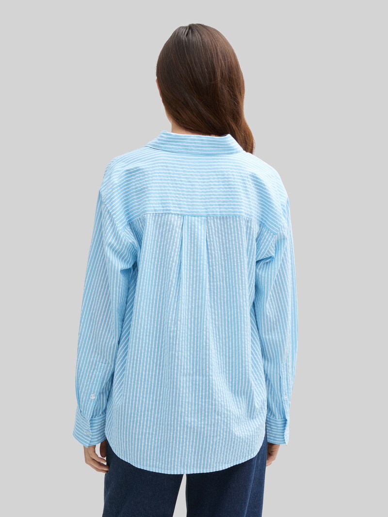 Tom Tailor Loose Fit Seersucker Hemdbluse mit Streifenmuster - Vertical Blue White Stripe