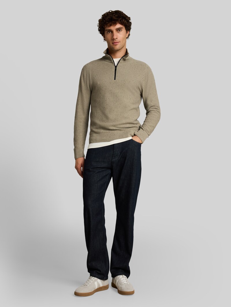 Tom Tailor Troyer Strickpullover aus Baumwolle - Dark Sage Neps