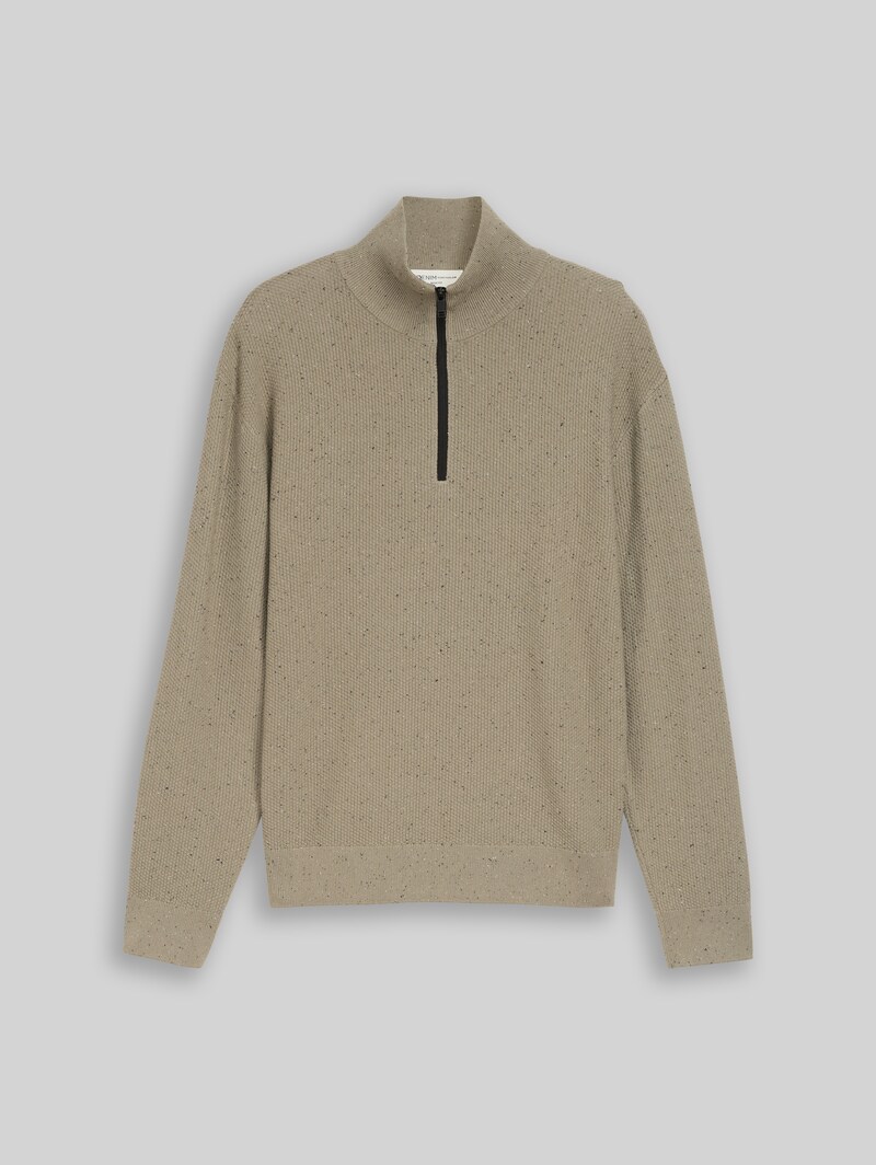 Tom Tailor Troyer Strickpullover aus Baumwolle - Dark Sage Neps