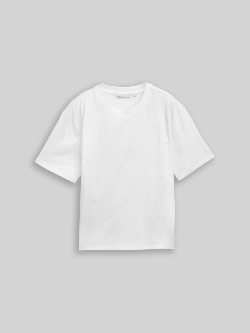 Tom Tailor Boxy Fit T-Shirt mit Stickereien - Off White Daisy Embroidery