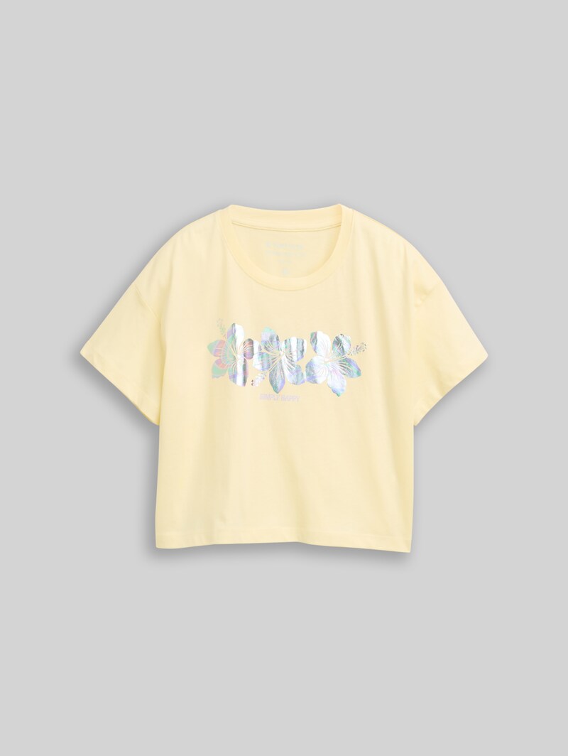 Tom Tailor Cropped T-Shirt mit Glitzer-Print - Light Yellow