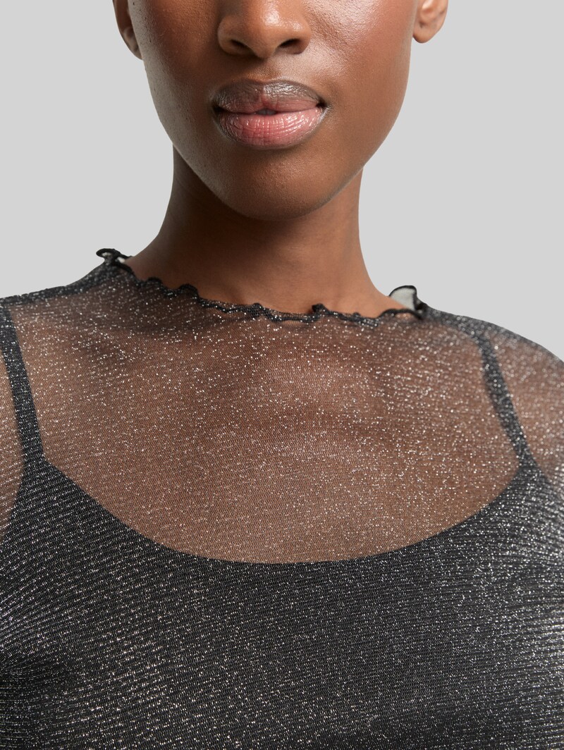 Tom Tailor Mesh Langarmshirt mit Glitzer-Effekt - Black With Silver