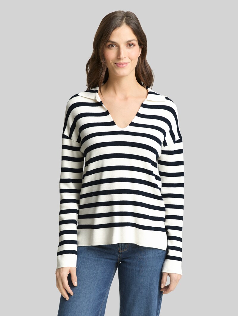 Tom Tailor Loose Fit Strickpullover mit Polokragen - White Sky Blue Knit Stripe Tom Tailor Loose Fit Strickpullover mit Polokragen - White Sky Blue Knit Stripe