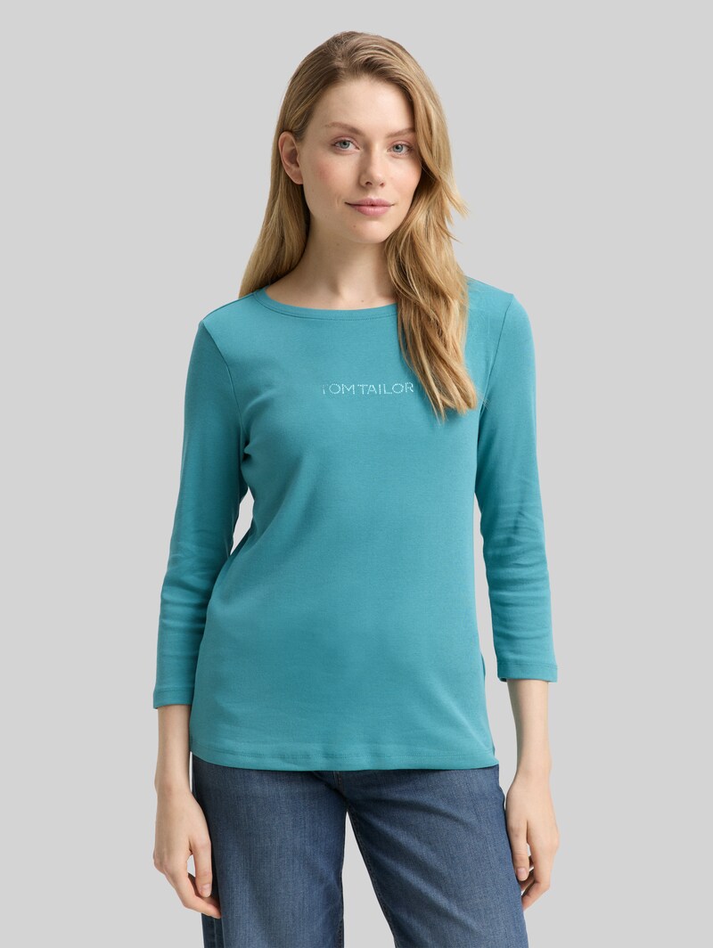Tom Tailor Slim Fit Langarmshirt mit Glitzer-Logo - Tropical Teal Tom Tailor Slim Fit Langarmshirt mit Glitzer-Logo - Tropical Teal
