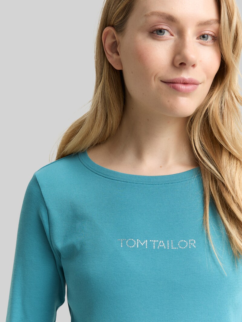 Tom Tailor Slim Fit Langarmshirt mit Glitzer-Logo - Tropical Teal